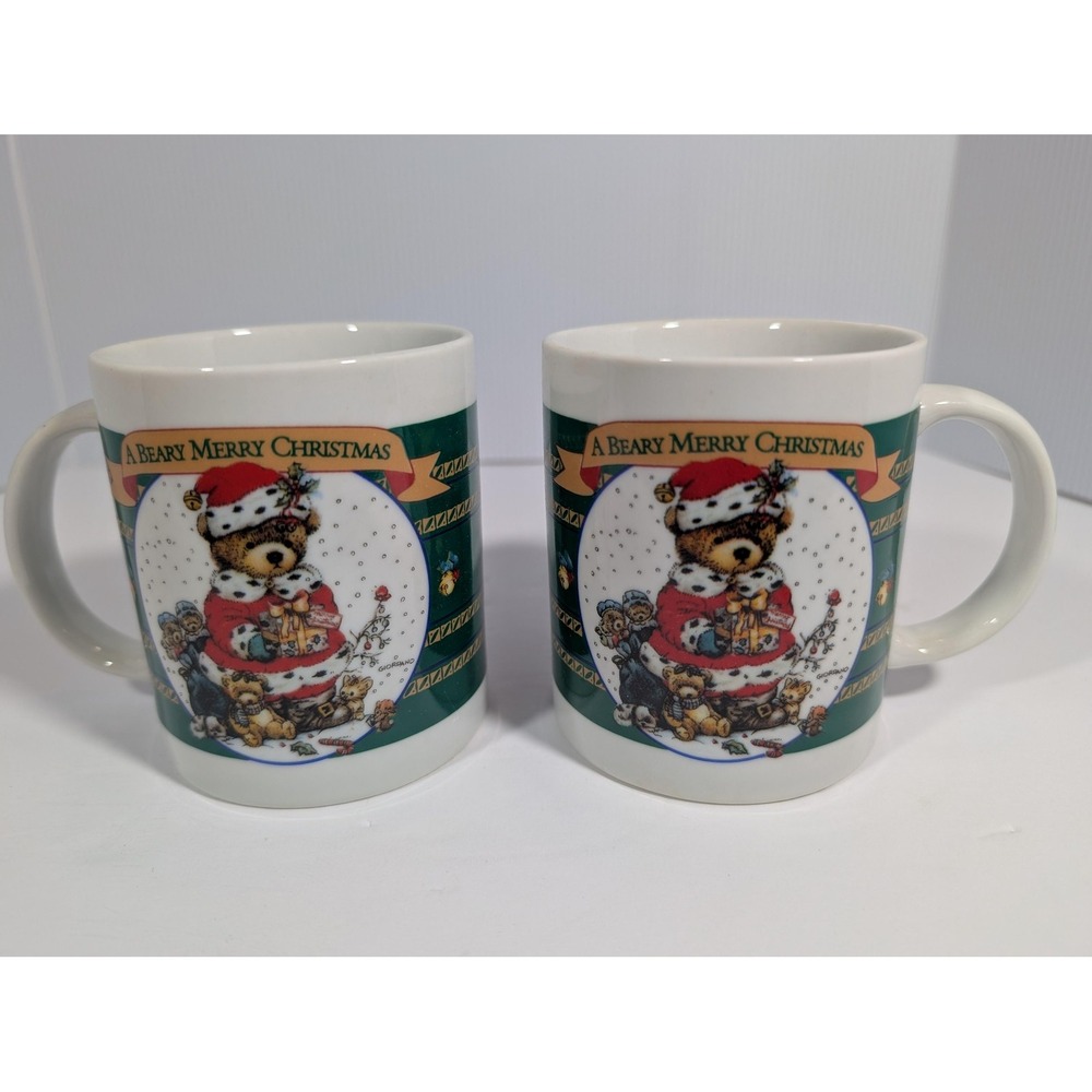 Vintage 1993 Giftco A Beary Merry Christmas Teddy Bear Ceramic Mugs Set 2 11oz